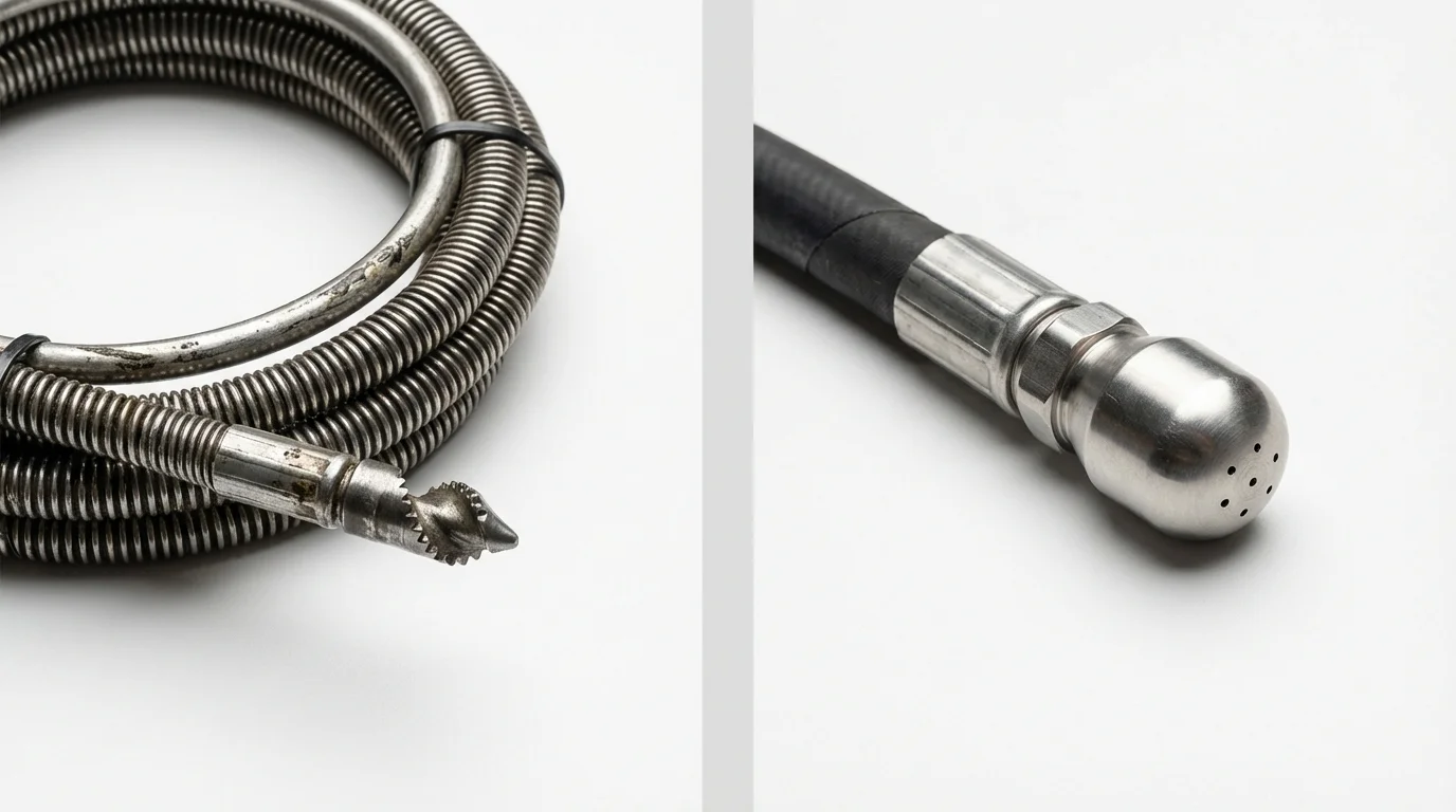 Drain snake cable and hydro jetting nozzle used for drain cleaning in Mission, KS