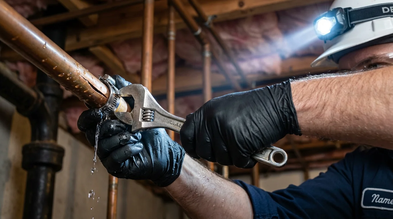 Emergency pipe clamp repair being performed by a Johns Plumbing LLC plumber in Mission
