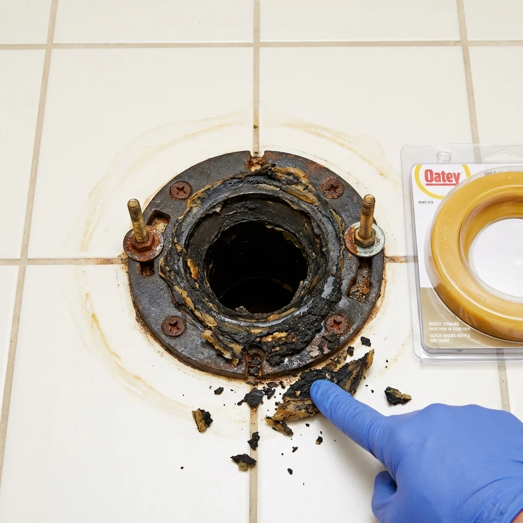 Failed wax ring showing water seepage at the base of a toilet in a Mission, KS home