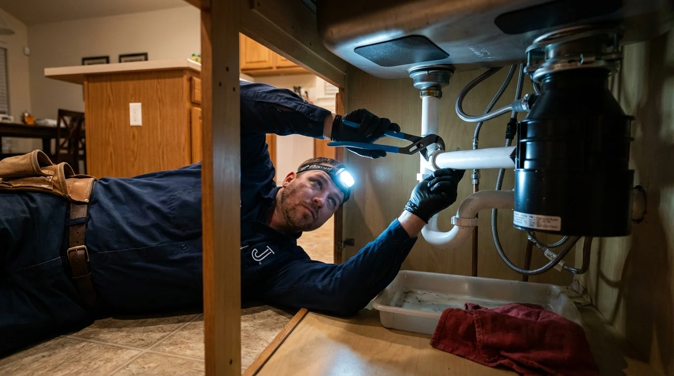 P-trap and supply line connections under a kitchen sink showing a common leak point in Mission, KS